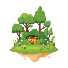 Floating island with lush greenery and a golden treasure chest, perfect for a children's book illustration.