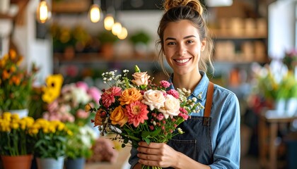 Fototapeta premium Charming young female florist with bright smile stands in cozy flower shop, proudly holding a vibrant bouquet of fresh, colorful blooms. Natural light, joyful mood