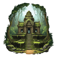 Ancient Khmer temple nestled within a lush, overgrown jungle.