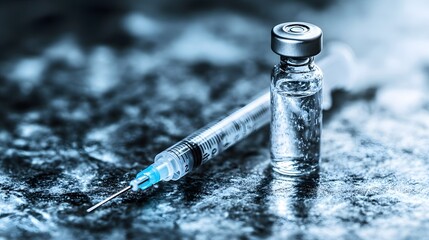 Sterile Syringe and Transparent Vial on Cold Blue Surface perfect for vaccination campaigns, pharmaceutical ads, medical research visuals, and clinical health awareness posters