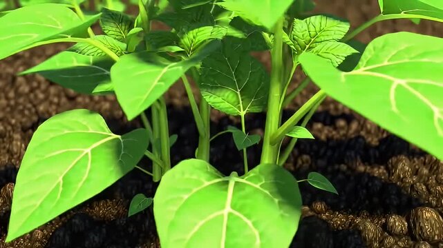 Low-angle shot of young green plants growing in dark, lumpy soil, bright sunlight