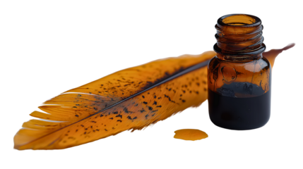 Writing Essentials: An aged quill pen rests beside a miniature inkwell, hinting at a rich history of storytelling and written creation, and dripping on the surface.