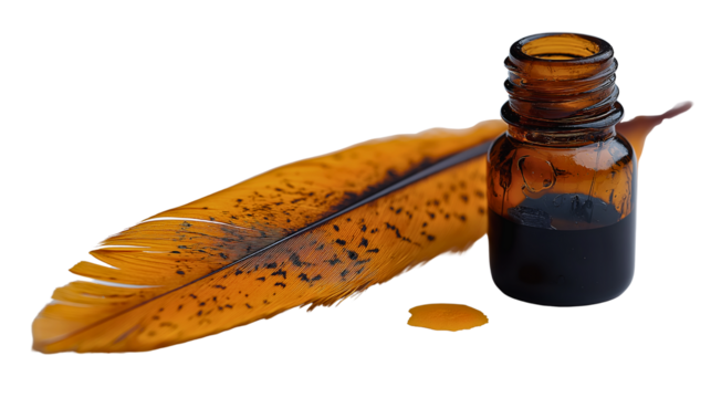 Writing Essentials: An aged quill pen rests beside a miniature inkwell, hinting at a rich history of storytelling and written creation, and dripping on the surface.