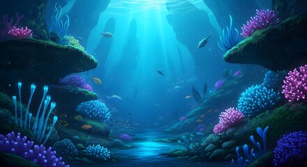 A vibrant underwater coral reef landscape teeming with life and colorful formations,Sunlit underwater scene of a coral reef with diverse marine life and captivating coral formations