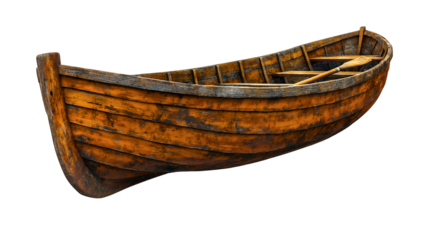 Antique Wooden Boat: An aged wooden rowboat gracefully poised, radiating a weathered charm that whispers tales of nautical adventures and tranquil waters.