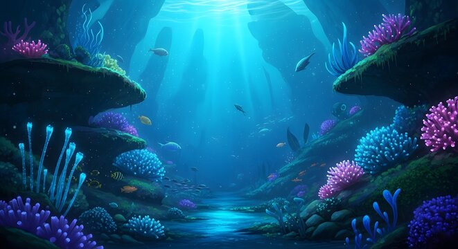 A vibrant underwater coral reef landscape teeming with life and colorful formations,Sunlit underwater scene of a coral reef with diverse marine life and captivating coral formations - Powered by Adobe