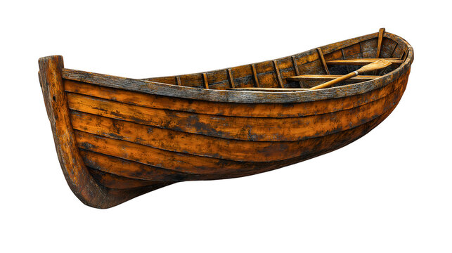 Antique Wooden Boat: An aged wooden rowboat gracefully poised, radiating a weathered charm that whispers tales of nautical adventures and tranquil waters.