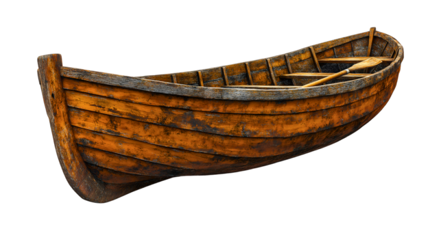 Antique Wooden Boat: An aged wooden rowboat gracefully poised, radiating a weathered charm that whispers tales of nautical adventures and tranquil waters.