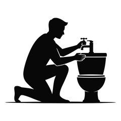 Plumber working on a toilet silhouette isolated on white background