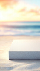 Minimalist podium on beach for product display at sunset, abstract background