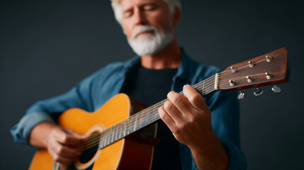 Older man playing acoustic guitar indoor setting closeup artistic view