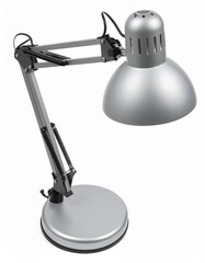 A modern silver desk lamp with adjustable arm, perfect for illuminating workspaces and enhancing productivity.