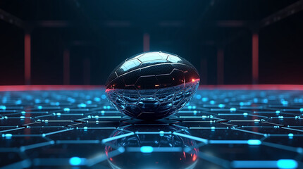 A futuristic rugby ball with a metallic surface rests on a glowing grid, surrounded by neon lights and digital patterns in a dark room