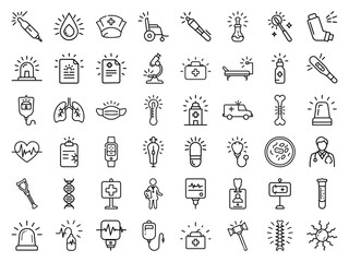 Medical Healthcare Line Icons Set Syringe, Stethoscope, Hospital Equipment, Organ, and Doctor Symbols with Bright Glowing Accents for Modern Design