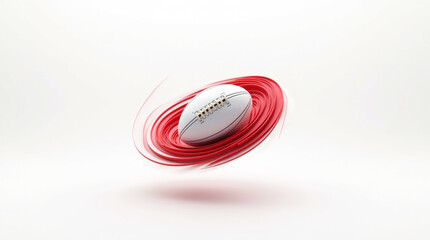 A rugby ball with a red trail circles around it on a white background, showcasing motion and energy isolated on white background