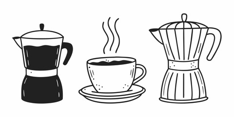 Fototapeta premium Minimalist Cafe Aesthetic: Black and White Sketches of Coffee Utensils and a Mug, Displayed on a String