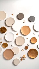 Assorted ceramic plates arranged on white background