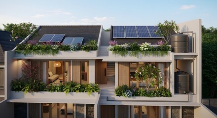 Sustainable Urban Living: Townhouse with Solar Panels and Rainwater Harvesting, Green Townhouse Design: Solar Energy, Rainwater Collection, and Lush Balcony Gardens