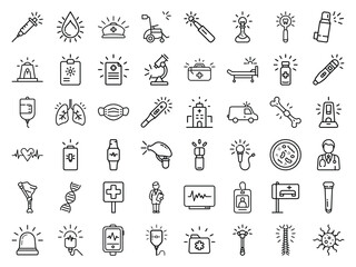 Medical Healthcare Line Icons Set Syringe, Stethoscope, Hospital Equipment, Organ, and Doctor Symbols with Bright Glowing Accents for Modern Design