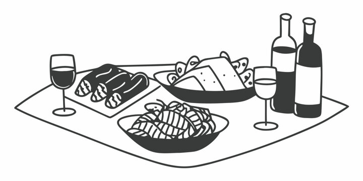 black and white food and wine on table clip art preview