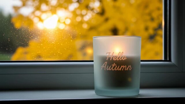 Candle with the text hello autumn on a windowsill with bright yellow trees outside. Cozy fall season atmosphere.