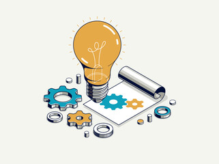Innovation, invention and solution concept, light bulb with gear vector 3D isometric illustration or icon, technology and technics, mechanical engineering.