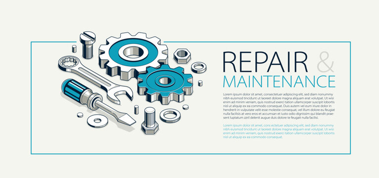 Repair and maintenance advertising, technics service, gears and tools in 3D isometric projection vector illustration, technical mechanical workshop.
