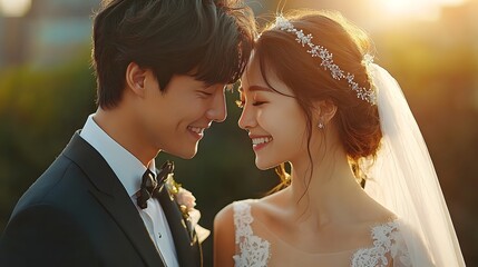 Intimate moment between Korean bride and groom on their wedding day