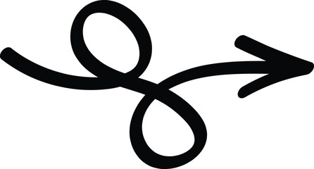 Sketch-style reverse loop arrow. Expresses retreat, undo, or backtracking visually. The design begins with a curve that forms an elongated loop, followed by a second round loop, 