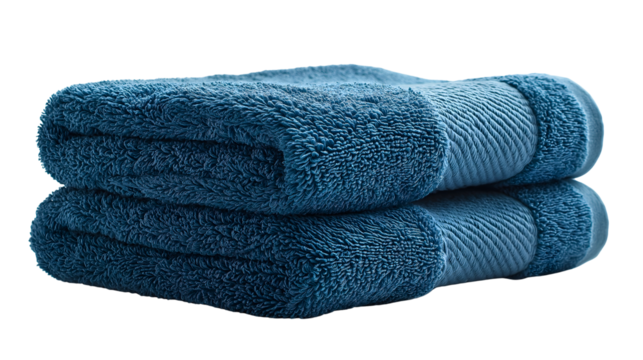 Soft Indigo Comfort: Two luxuriously soft, folded indigo-colored towels stacked neatly, promising ultimate comfort and spa-like relaxation, a minimalist aesthetic focus on texture and tranquility.