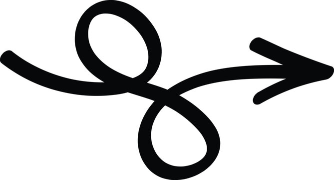 Sketch-style reverse loop arrow. Expresses retreat, undo, or backtracking visually. The design begins with a curve that forms an elongated loop, followed by a second round loop, 