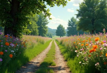 picturesque abandoned country road adorned vibrant wildflowers overgrown grass serene natural setting, countryside, meadow, landscape, flora, field
