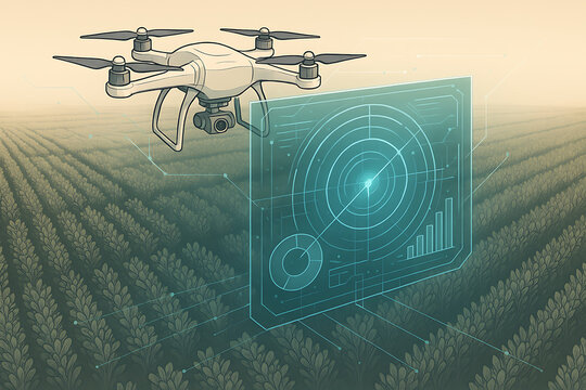 Drone technology monitoring crops with data analysis in modern agricultural field setting