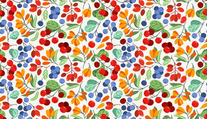 Fresh berries seamless background, different forest wild berries tiling wallpaper, elements easy to use separately.