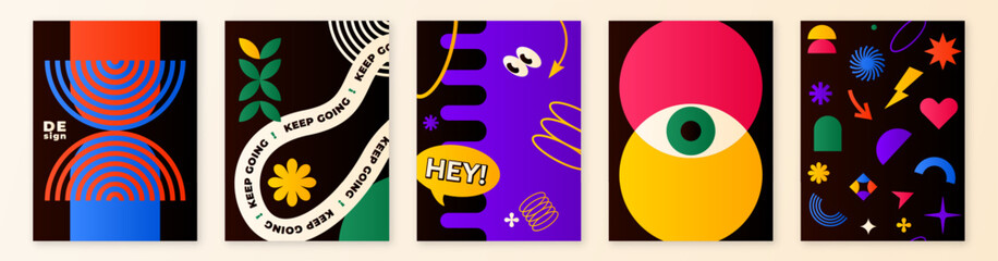 Pattern background set with minimal geometric shapes, vector illustration. Graphic design gradient elements with retro line, simple form, figure, arch