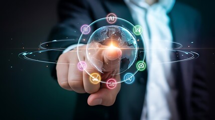 Hand touching digital globe with icons earth