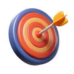 Target arrow success icon. Dart arrow on target dartboard. 3d isolated on white background. Cartoon plastic style