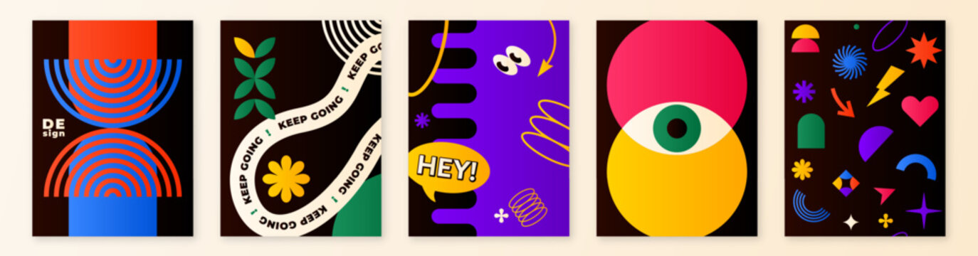 Pattern background set with minimal geometric shapes, vector illustration. Graphic design gradient elements with retro line, simple form, figure, arch