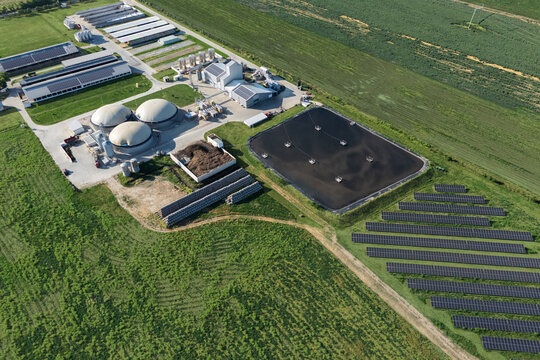 Aerial view of biogas plant using renewable energy for biomethane production