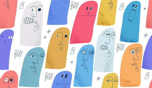 Funny weird ghosts seamless background, vector nasty cartoon characters tiling wallpaper, elements easy to use separately.