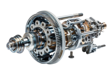 Metal gear assembly on transparent background