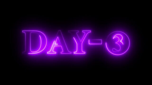 Day 3 Neon Purple Text Animation on Black Background. Calendar Countdown and Scheduling Concept