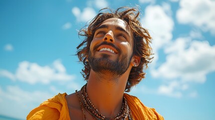 Joyful environmentalist smiling under the open sky