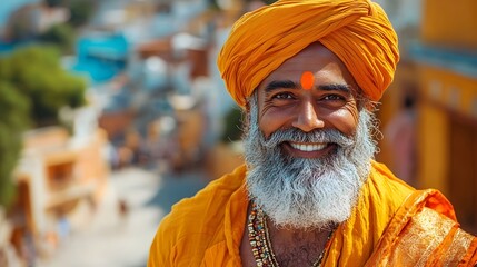 Vibrant and cheerful portrait of an elderly Indian man in traditional orange turban and beard