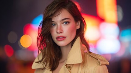 Fototapeta premium Fashion model in reflective trench coat at night urban setting