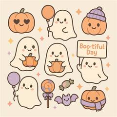 Halloween set ghost holding a pumpkin ,with a kawaii style cartoon face, vector design on isolated background.eps