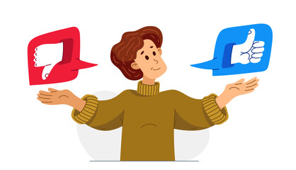 Young man is choosing between different reactions in social media, vector illustration of a person in doubt between different responses when communicating online.