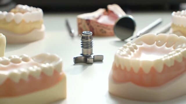 Dental implant model and tools on a white surface showcasing dental prosthetics and oral care items