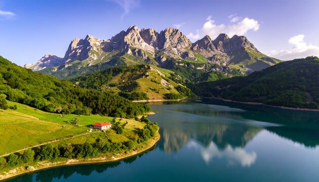 Aerial View of Plav Lake with Rugged Mountain Backdrop in Montenegro