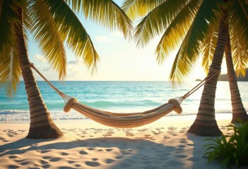 Fototapeta premium relaxing harmony comfortable hammock cradled driftwood beach beneath swaying palm trees calm tropical vibes, sand, coast, sea, water, blue, shade